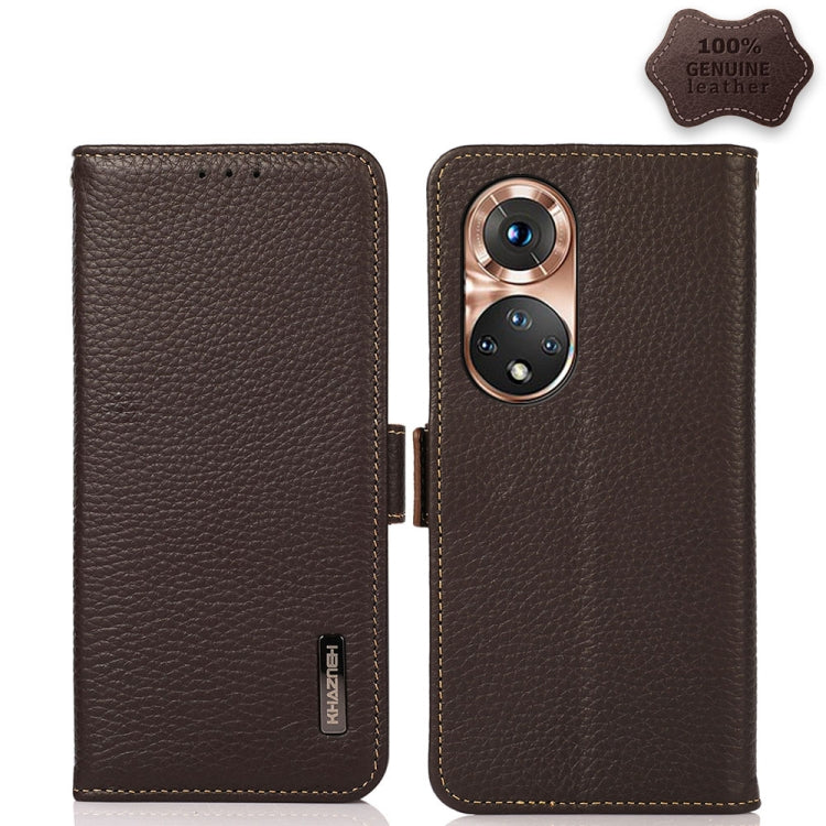 For Honor 50 KHAZNEH Side-Magnetic Litchi Genuine Leather RFID Phone Case(Brown) - Honor Cases by buy2fix | Online Shopping UK | buy2fix