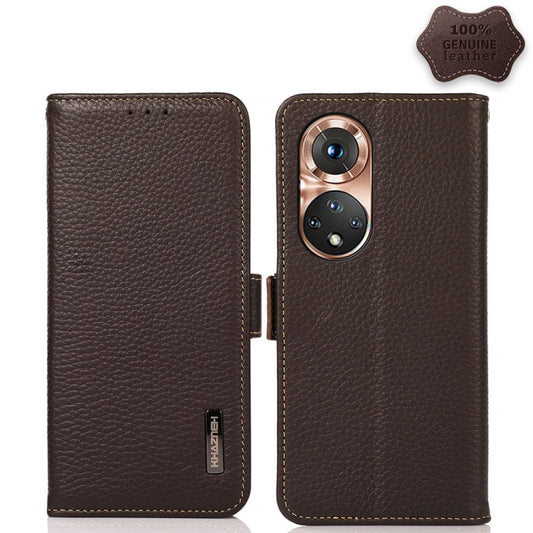 For Honor 50 KHAZNEH Side-Magnetic Litchi Genuine Leather RFID Phone Case(Brown) - Honor Cases by buy2fix | Online Shopping UK | buy2fix