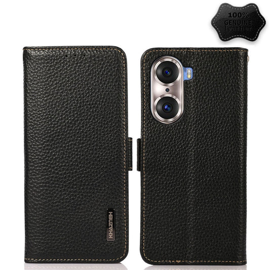 For Honor 60 Pro KHAZNEH Side-Magnetic Litchi Genuine Leather RFID Phone Case(Black) - Honor Cases by buy2fix | Online Shopping UK | buy2fix