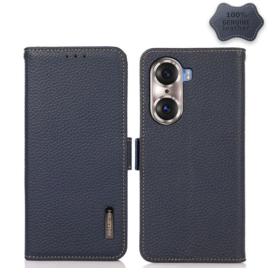For Honor 60 Pro KHAZNEH Side-Magnetic Litchi Genuine Leather RFID Phone Case(Blue) - Honor Cases by buy2fix | Online Shopping UK | buy2fix