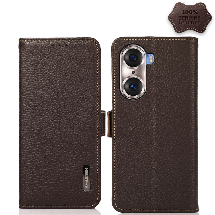 For Honor 60 Pro KHAZNEH Side-Magnetic Litchi Genuine Leather RFID Phone Case(Brown) - Honor Cases by buy2fix | Online Shopping UK | buy2fix
