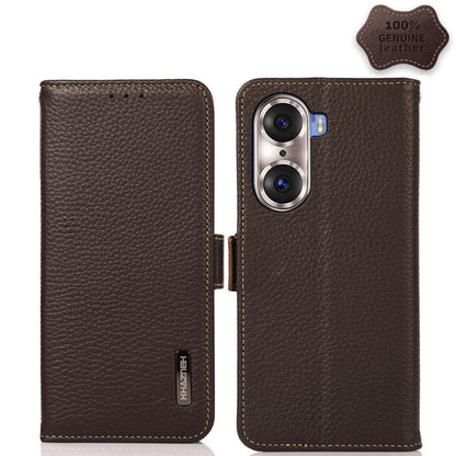 For Honor 60 Pro KHAZNEH Side-Magnetic Litchi Genuine Leather RFID Phone Case(Brown) - Honor Cases by buy2fix | Online Shopping UK | buy2fix