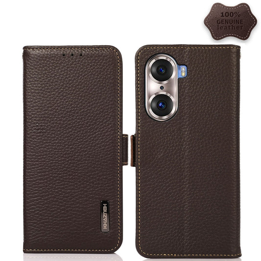 For Honor 60 Pro KHAZNEH Side-Magnetic Litchi Genuine Leather RFID Phone Case(Brown) - Honor Cases by buy2fix | Online Shopping UK | buy2fix