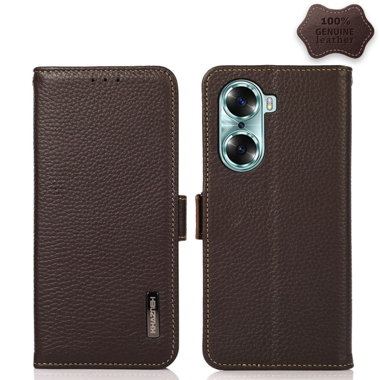 For Honor 60 KHAZNEH Side-Magnetic Litchi Genuine Leather RFID Phone Case(Brown) - Honor Cases by buy2fix | Online Shopping UK | buy2fix
