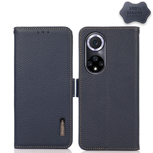 For Huawei nova 9 KHAZNEH Side-Magnetic Litchi Genuine Leather RFID Phone Case(Blue) - Huawei Cases by buy2fix | Online Shopping UK | buy2fix