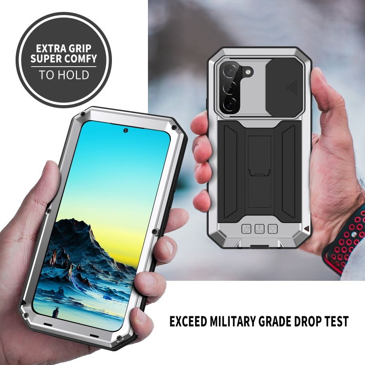 For Samsung Galaxy S22 5G R-JUST Sliding Camera Metal + Silicone Holder Phone Case(Silver) - Galaxy S22 5G Cases by R-JUST | Online Shopping UK | buy2fix