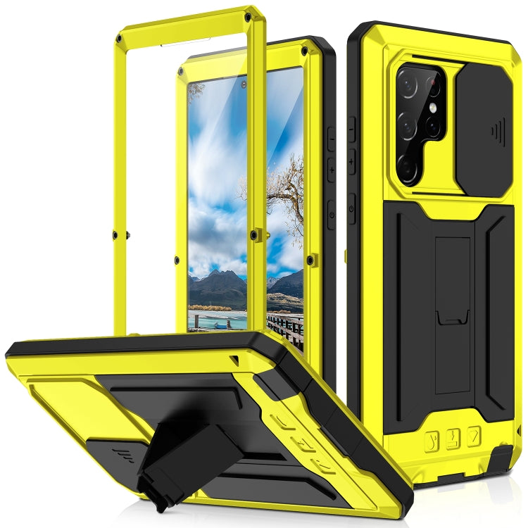 For Samsung Galaxy S22 Ultra 5G R-JUST Sliding Camera Metal + Silicone Holder Phone Case(Yellow) by R-JUST