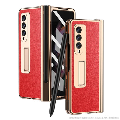 For Samsung Galaxy Z Fold3 5G Electroplated Hinge Pen Slot Lychee Phone Case(Red) - Galaxy Phone Cases by buy2fix | Online Shopping UK | buy2fix