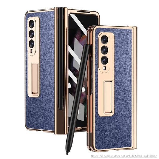 For Samsung Galaxy Z Fold3 5G Electroplated Hinge Pen Slot Lychee Phone Case(Blue) - Galaxy Phone Cases by buy2fix | Online Shopping UK | buy2fix