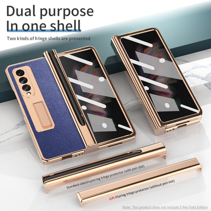 For Samsung Galaxy Z Fold3 5G Electroplated Hinge Pen Slot Lychee Phone Case(Blue) - Galaxy Phone Cases by buy2fix | Online Shopping UK | buy2fix