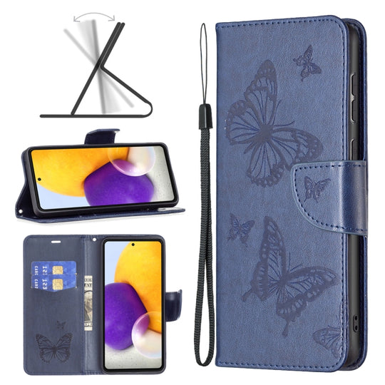 For Samsung Galaxy A73 5G Two Butterflies Embossing Leather Phone Case(Blue)