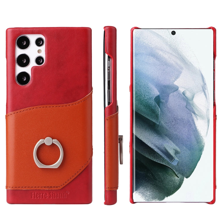 For Samsung Galaxy S22 Ultra 5G Fierre Shann Oil Wax Texture Genuine Leather Back Phone Case with 360 Degree Rotation Holder & Card Slot(Red) - Galaxy S22 Ultra 5G Cases by FIERRE SHANN | Online Shopping UK | buy2fix