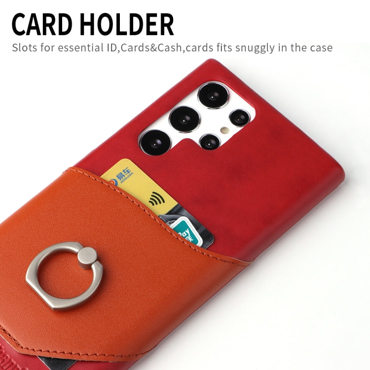For Samsung Galaxy S22 Ultra 5G Fierre Shann Oil Wax Texture Genuine Leather Back Phone Case with 360 Degree Rotation Holder & Card Slot(Red) - Galaxy S22 Ultra 5G Cases by FIERRE SHANN | Online Shopping UK | buy2fix