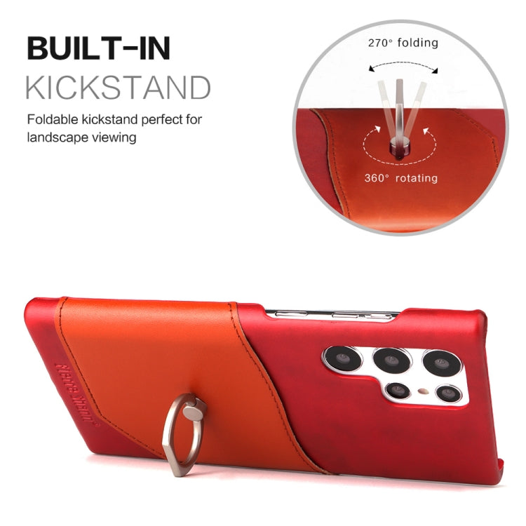 For Samsung Galaxy S22 Ultra 5G Fierre Shann Oil Wax Texture Genuine Leather Back Phone Case with 360 Degree Rotation Holder & Card Slot(Red) - Galaxy S22 Ultra 5G Cases by FIERRE SHANN | Online Shopping UK | buy2fix