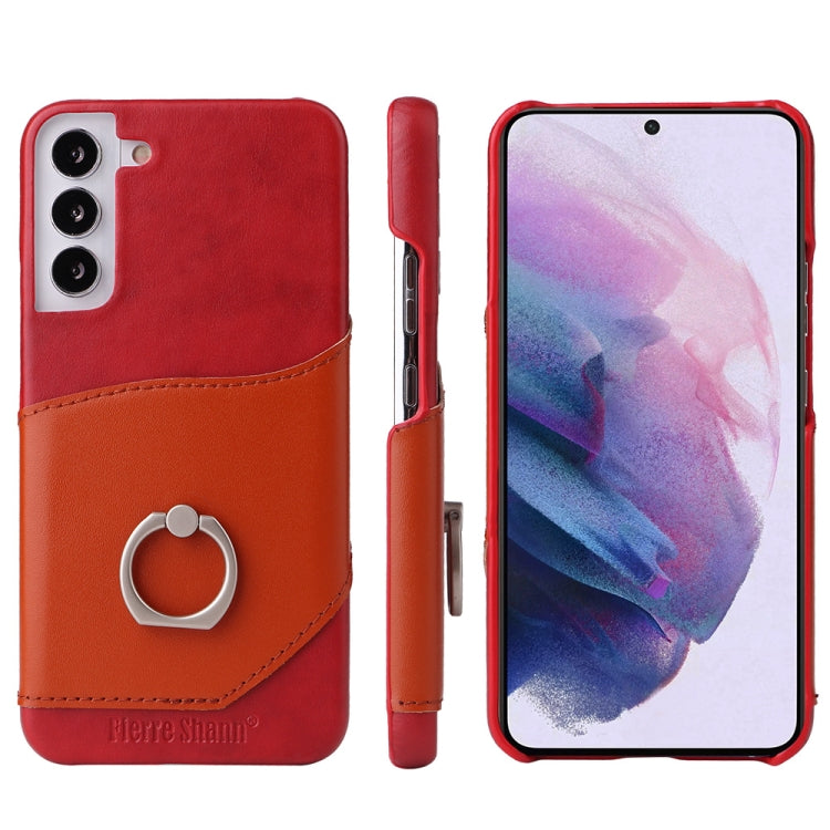 For Samsung Galaxy S22 5G Fierre Shann Oil Wax Texture Genuine Leather Back Phone Case with 360 Degree Rotation Holder & Card Slot(Red) - Galaxy S22 5G Cases by FIERRE SHANN | Online Shopping UK | buy2fix