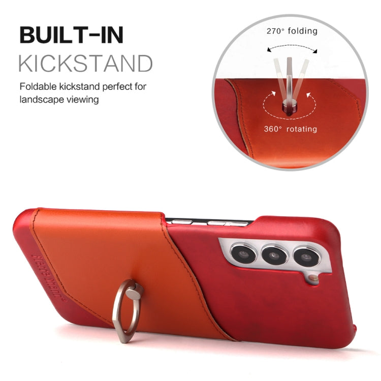 For Samsung Galaxy S22 5G Fierre Shann Oil Wax Texture Genuine Leather Back Phone Case with 360 Degree Rotation Holder & Card Slot(Red) - Galaxy S22 5G Cases by FIERRE SHANN | Online Shopping UK | buy2fix