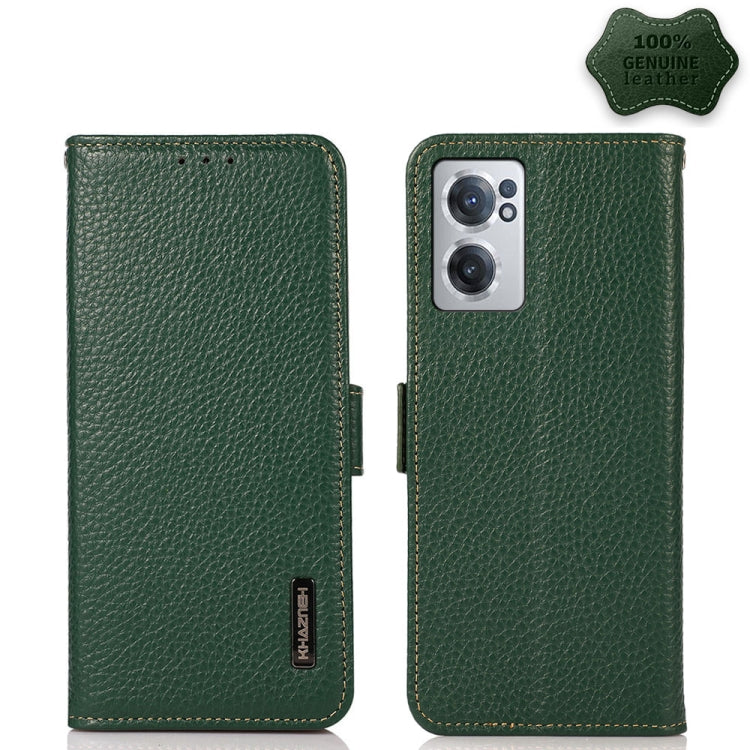 For OnePlus Nord CE 2 5G KHAZNEH Side-Magnetic Litchi Genuine Leather RFID Phone Case(Green) - OnePlus Cases by buy2fix | Online Shopping UK | buy2fix