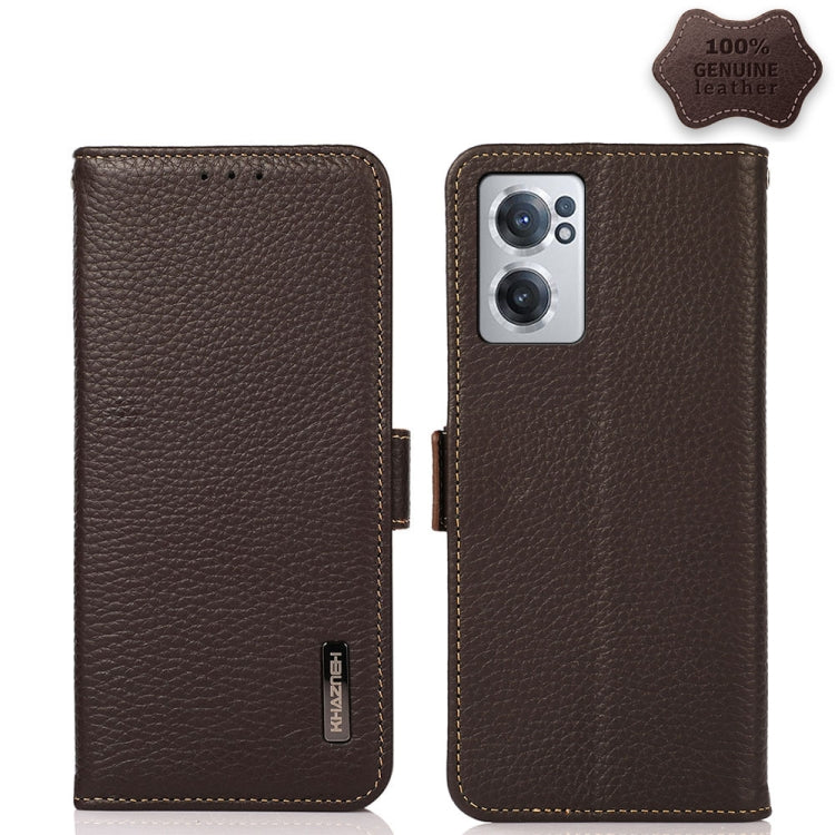 For OnePlus Nord CE 2 5G KHAZNEH Side-Magnetic Litchi Genuine Leather RFID Phone Case(Brown) - OnePlus Cases by buy2fix | Online Shopping UK | buy2fix
