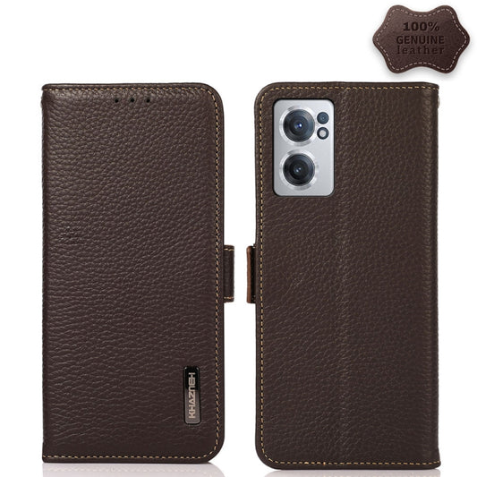 For OnePlus Nord CE 2 5G KHAZNEH Side-Magnetic Litchi Genuine Leather RFID Phone Case(Brown) - OnePlus Cases by buy2fix | Online Shopping UK | buy2fix