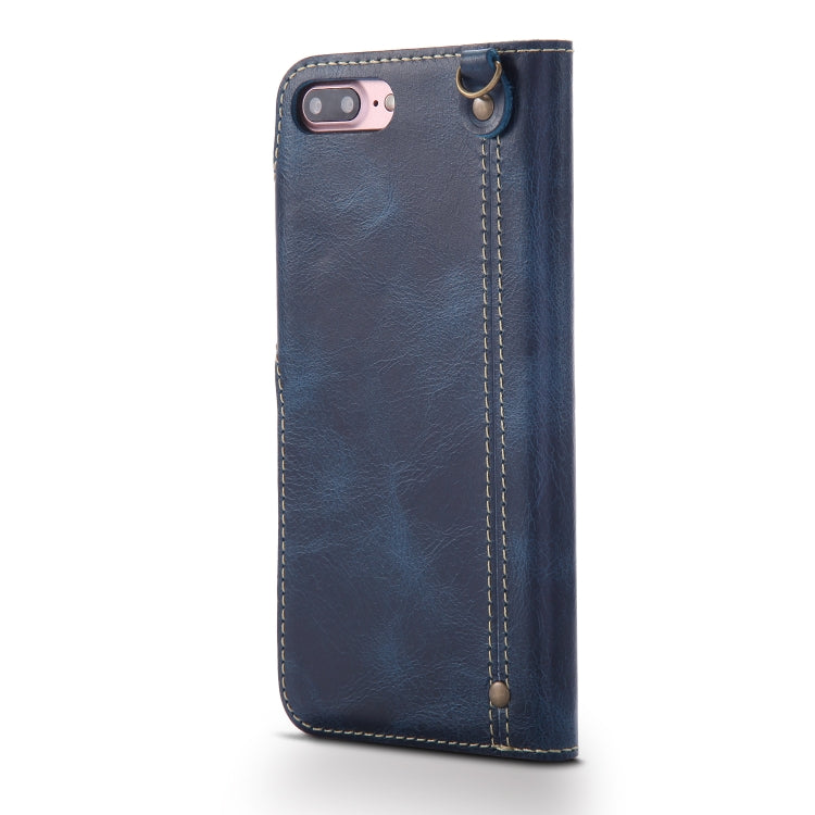 For iPhone 7 Plus / 8 Plus Denior Oil Wax Cowhide Magnetic Button Horizontal Flip Leather Case with Card Slots & Wallet(Dark Blue) - More iPhone Cases by Denior | Online Shopping UK | buy2fix