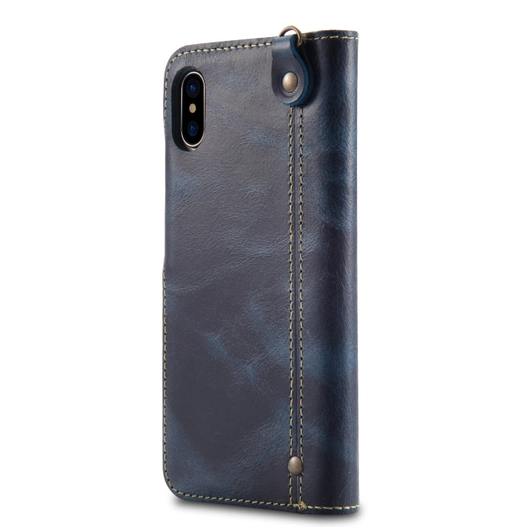 For iPhone X / XS Denior Oil Wax Cowhide Magnetic Button Horizontal Flip Leather Case with Card Slots & Wallet(Dark Blue) - More iPhone Cases by Denior | Online Shopping UK | buy2fix