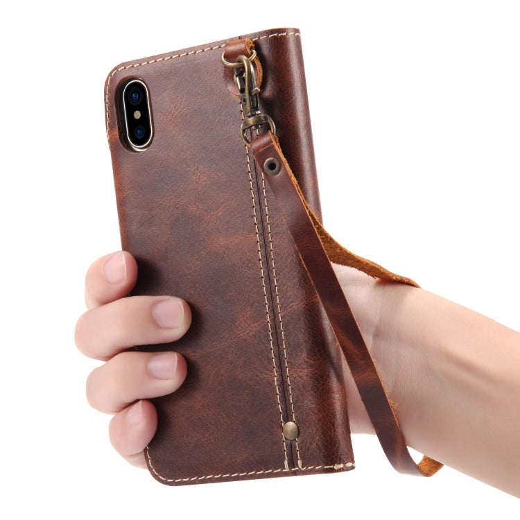 For iPhone X / XS Denior Oil Wax Cowhide Magnetic Button Horizontal Flip Leather Case with Card Slots & Wallet(Brown) - More iPhone Cases by Denior | Online Shopping UK | buy2fix