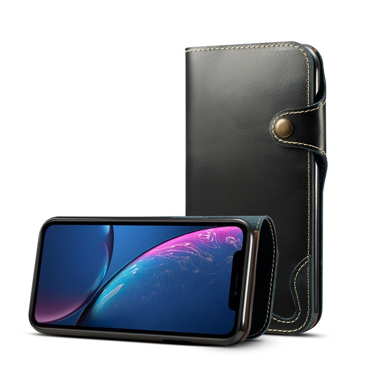 For iPhone XR Denior Oil Wax Cowhide Magnetic Button Horizontal Flip Leather Case with Card Slots & Wallet(Dark Blue) - More iPhone Cases by Denior | Online Shopping UK | buy2fix