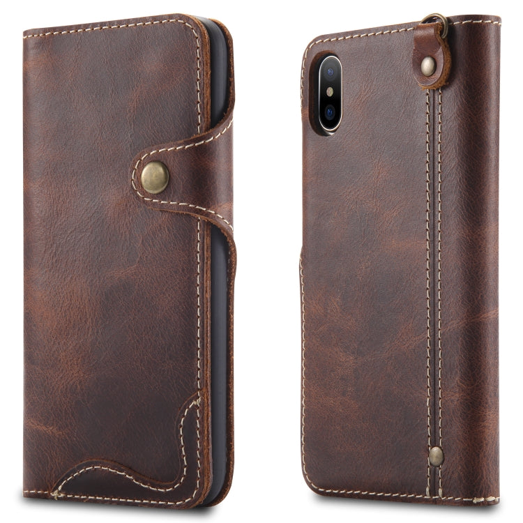 For iPhone XS Max Denior Oil Wax Cowhide Magnetic Button Horizontal Flip Leather Case with Card Slots & Wallet(Brown) - More iPhone Cases by Denior | Online Shopping UK | buy2fix