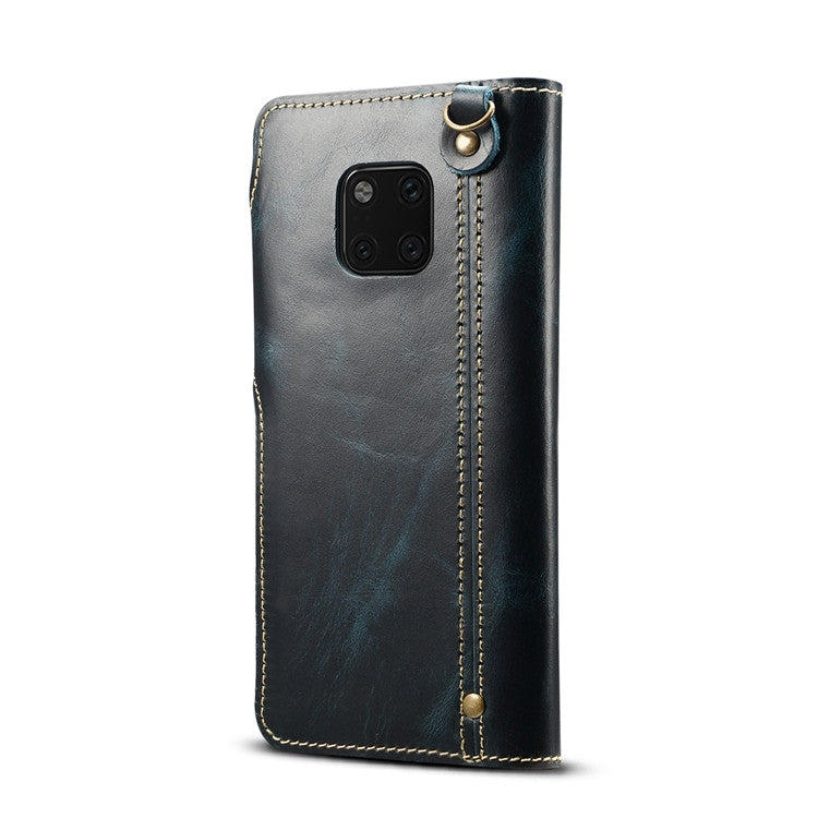 For Huawei Mate 20 Pro Denior Oil Wax Cowhide Magnetic Button Horizontal Flip Leather Case with Card Slots & Wallet(Dark Blue) - Huawei Cases by Denior | Online Shopping UK | buy2fix