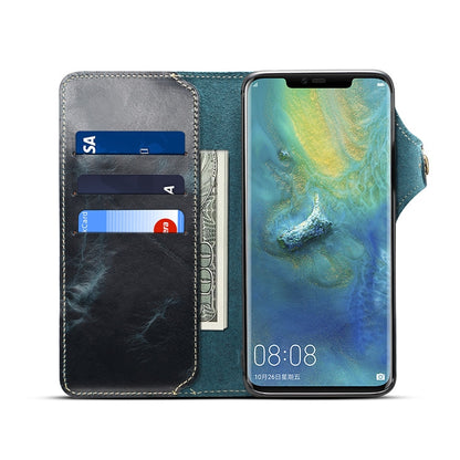 For Huawei Mate 20 Pro Denior Oil Wax Cowhide Magnetic Button Horizontal Flip Leather Case with Card Slots & Wallet(Dark Blue) - Huawei Cases by Denior | Online Shopping UK | buy2fix