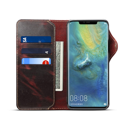 For Huawei Mate 20 Pro Denior Oil Wax Cowhide Magnetic Button Horizontal Flip Leather Case with Card Slots & Wallet(Dark Red) - Huawei Cases by Denior | Online Shopping UK | buy2fix