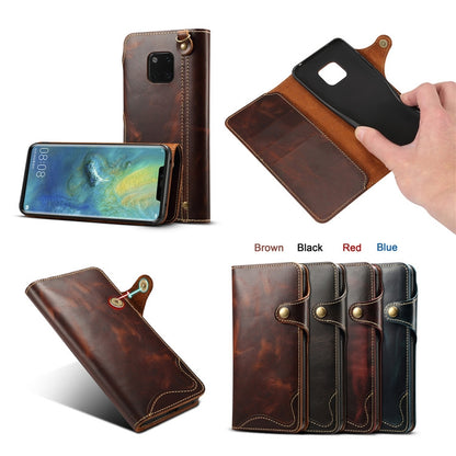For Huawei Mate 20 Pro Denior Oil Wax Cowhide Magnetic Button Horizontal Flip Leather Case with Card Slots & Wallet(Dark Red) - Huawei Cases by Denior | Online Shopping UK | buy2fix