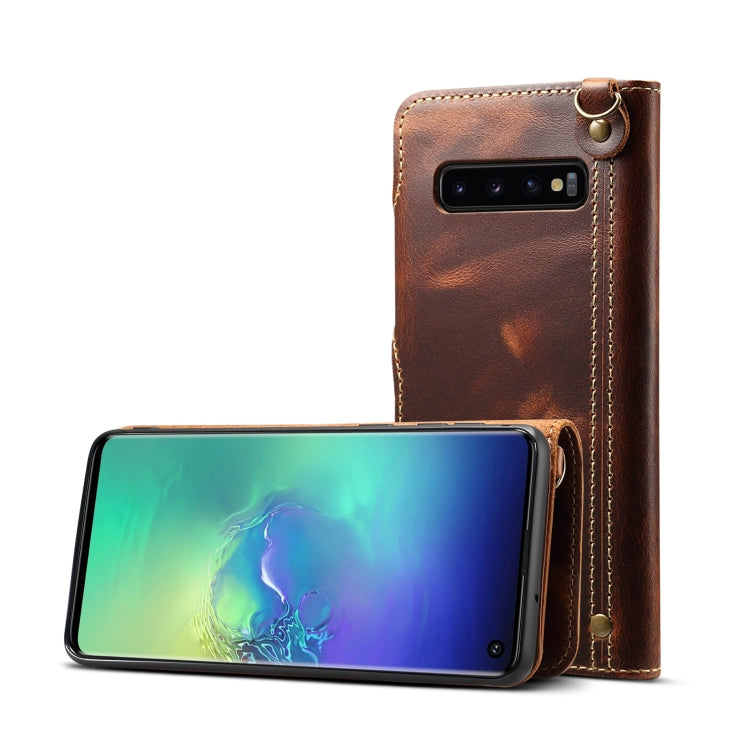 For Galaxy S10 Denior Oil Wax Cowhide Magnetic Button Horizontal Flip Leather Case with Card Slots & Wallet(Brown) - Galaxy Phone Cases by Denior | Online Shopping UK | buy2fix