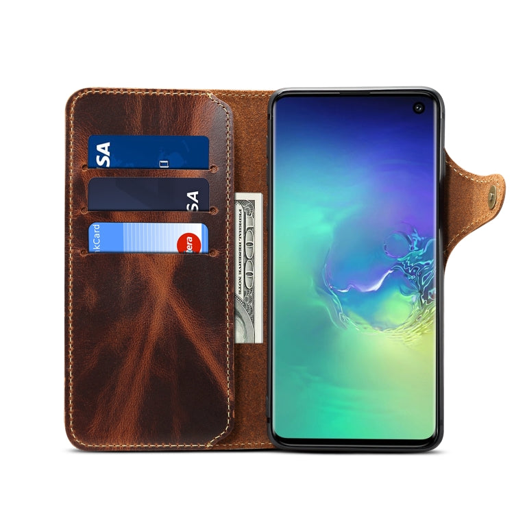For Galaxy S10 Denior Oil Wax Cowhide Magnetic Button Horizontal Flip Leather Case with Card Slots & Wallet(Brown) - Galaxy Phone Cases by Denior | Online Shopping UK | buy2fix