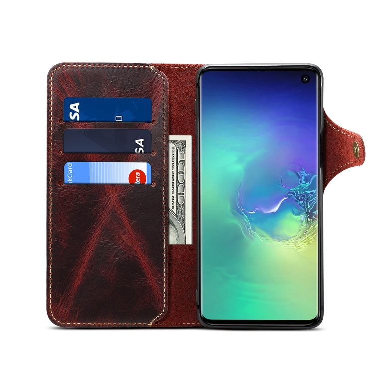 For Galaxy S10 Denior Oil Wax Cowhide Magnetic Button Horizontal Flip Leather Case with Card Slots & Wallet(Dark Red) - Galaxy Phone Cases by Denior | Online Shopping UK | buy2fix