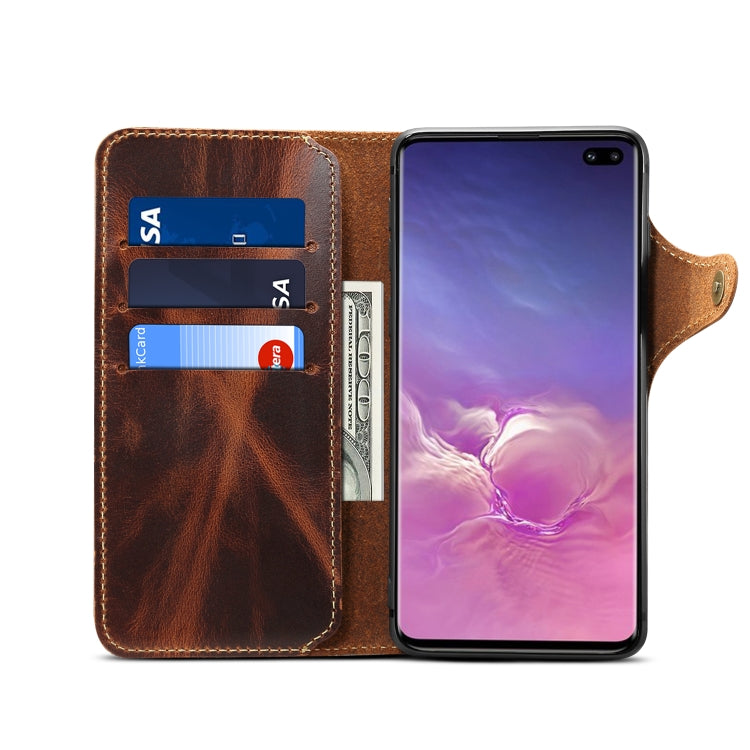 For Galaxy S10 Plus Denior Oil Wax Cowhide Magnetic Button Horizontal Flip Leather Case with Card Slots & Wallet(Brown) - Galaxy Phone Cases by Denior | Online Shopping UK | buy2fix