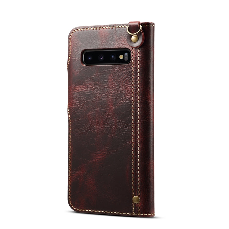 For Galaxy S10 Plus Denior Oil Wax Cowhide Magnetic Button Horizontal Flip Leather Case with Card Slots & Wallet(Dark Red) - Galaxy Phone Cases by Denior | Online Shopping UK | buy2fix