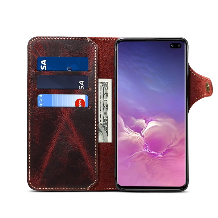 For Galaxy S10 Plus Denior Oil Wax Cowhide Magnetic Button Horizontal Flip Leather Case with Card Slots & Wallet(Dark Red) - Galaxy Phone Cases by Denior | Online Shopping UK | buy2fix