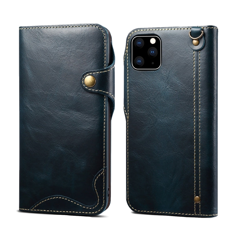 For iPhone 11 Denior Oil Wax Cowhide Magnetic Button Horizontal Flip Leather Case with Card Slots & Wallet(Dark Blue) - iPhone 11 Cases by Denior | Online Shopping UK | buy2fix