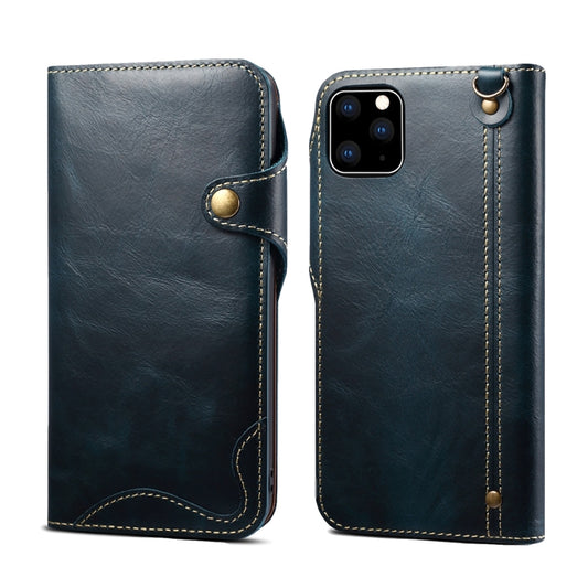 For iPhone 11 Denior Oil Wax Cowhide Magnetic Button Horizontal Flip Leather Case with Card Slots & Wallet(Dark Blue) - iPhone 11 Cases by Denior | Online Shopping UK | buy2fix