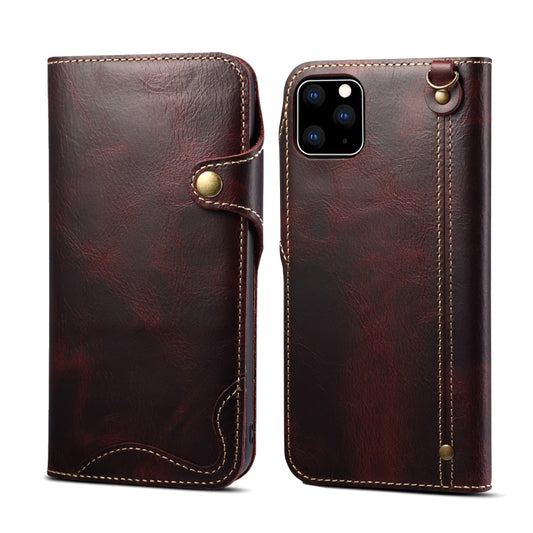 For iPhone 11 Denior Oil Wax Cowhide Magnetic Button Horizontal Flip Leather Case with Card Slots & Wallet(Dark Red) - iPhone 11 Cases by Denior | Online Shopping UK | buy2fix