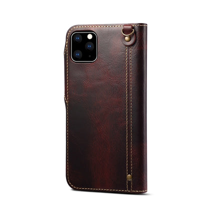 For iPhone 11 Denior Oil Wax Cowhide Magnetic Button Horizontal Flip Leather Case with Card Slots & Wallet(Dark Red) - iPhone 11 Cases by Denior | Online Shopping UK | buy2fix