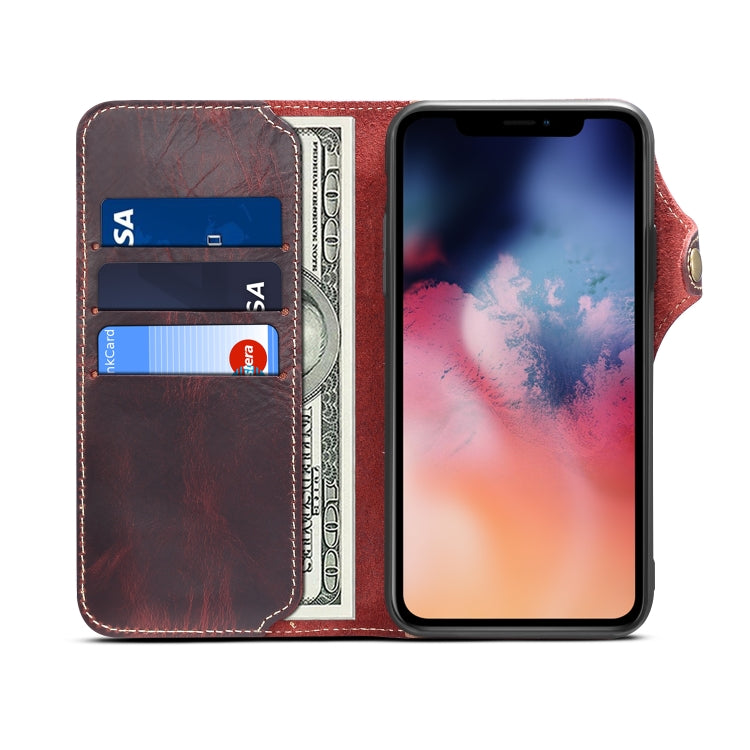 For iPhone 11 Denior Oil Wax Cowhide Magnetic Button Horizontal Flip Leather Case with Card Slots & Wallet(Dark Red) - iPhone 11 Cases by Denior | Online Shopping UK | buy2fix