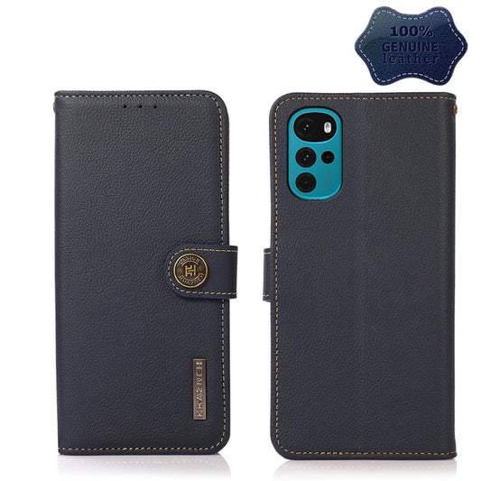 For Motorola Moto G22 KHAZNEH Custer Genuine Leather RFID Phone Case(Blue) - Motorola Cases by buy2fix | Online Shopping UK | buy2fix