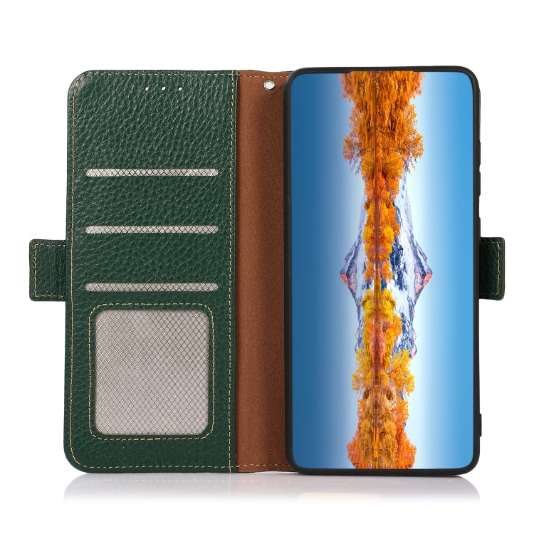 For Motorola Moto G22 KHAZNEH Side-Magnetic Litchi Genuine Leather RFID Phone Case(Green) - Motorola Cases by buy2fix | Online Shopping UK | buy2fix