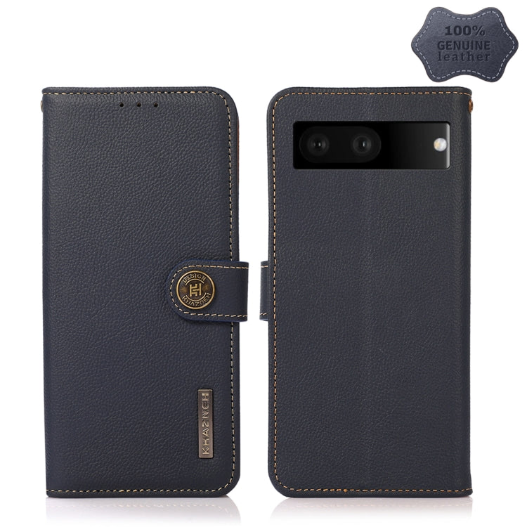 For Google Pixel 7 5G KHAZNEH Custer Genuine Leather RFID Phone Case(Blue) - Google Cases by buy2fix | Online Shopping UK | buy2fix