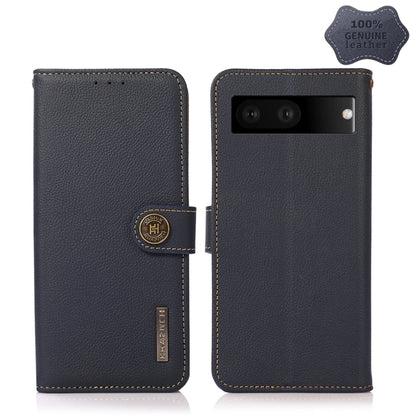 For Google Pixel 7 5G KHAZNEH Custer Genuine Leather RFID Phone Case(Blue) - Google Cases by buy2fix | Online Shopping UK | buy2fix