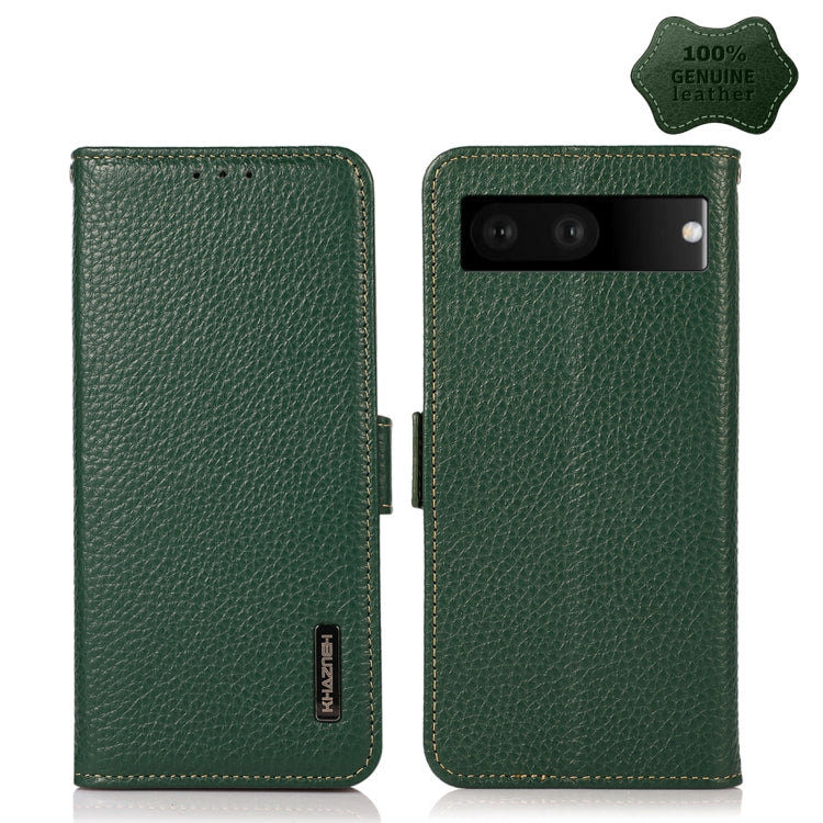 For Google Pixel 7 5G KHAZNEH Side-Magnetic Litchi Genuine Leather RFID Phone Case(Green) - Google Cases by buy2fix | Online Shopping UK | buy2fix