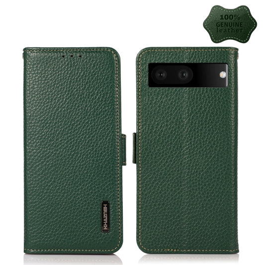 For Google Pixel 7 5G KHAZNEH Side-Magnetic Litchi Genuine Leather RFID Phone Case(Green) - Google Cases by buy2fix | Online Shopping UK | buy2fix
