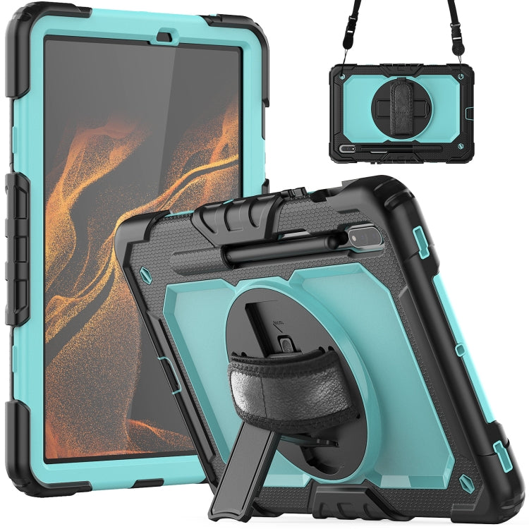 For Samsung Galaxy Tab S8 11 inch SM-X700 Silicone + PC Tablet Case with Shoulder Strap(Black+Light Blue) by buy2fix